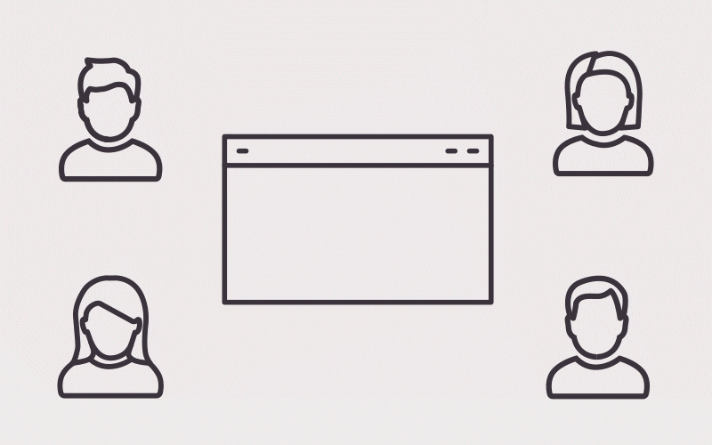 Animated illustration of four people icons surrounding a web browser window