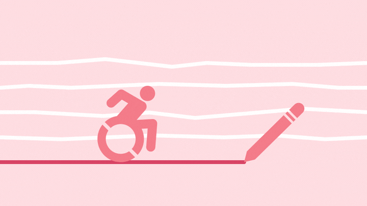 International Symbol of Access following a straight line drawn by a pencil, with uneven lines passing in the background.