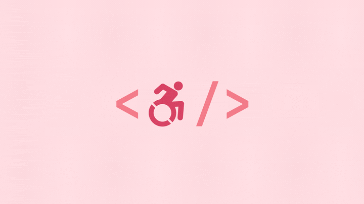 Red icon of a person in a wheelchair, between angled brackets