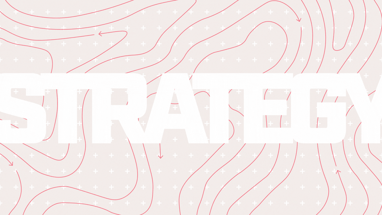 pink rectangle with tiny white crosses and the word Strategy over it in all caps