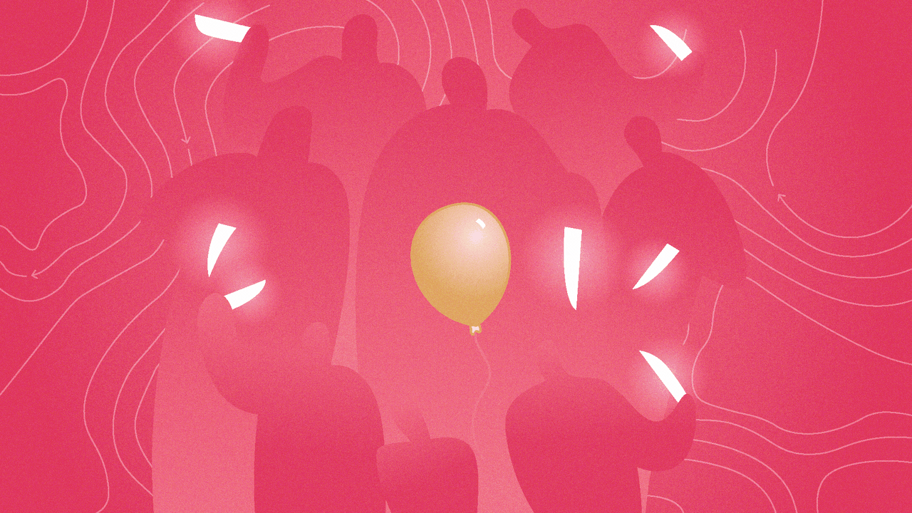 Silhouettes of people surrounding a single gold balloon, with multiple white knives