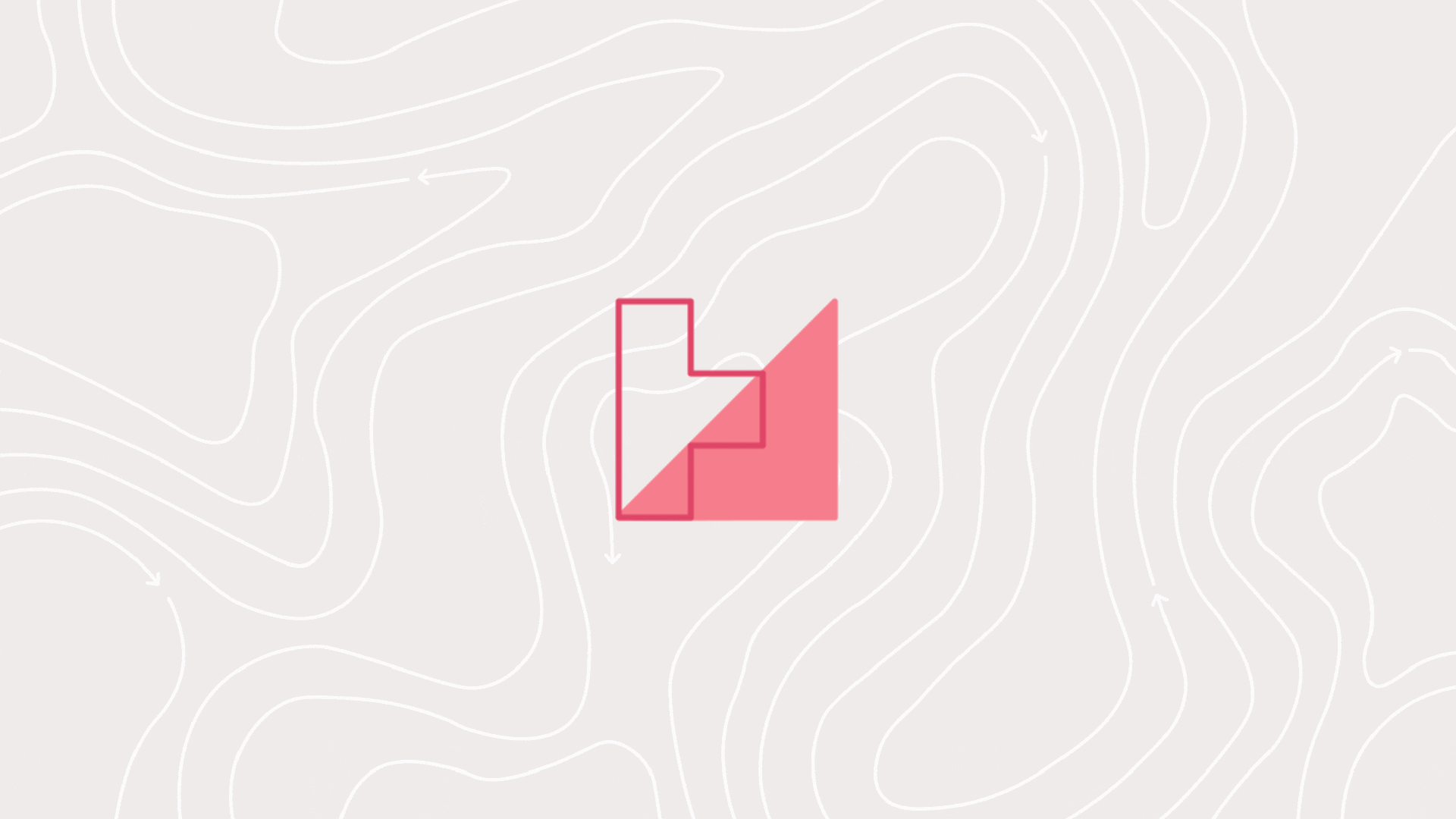 A pink geometric shape with overlapping rectangles and triangles is centered on a light background with thin, wavy contour lines and small arrows