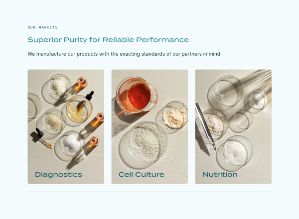 A grid of three product categories with lush scientific imagery of amber powders and liquids in various containers.
