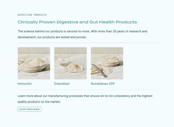 The image shows a website displaying several products in a section with helpful copy explaining their purpose.