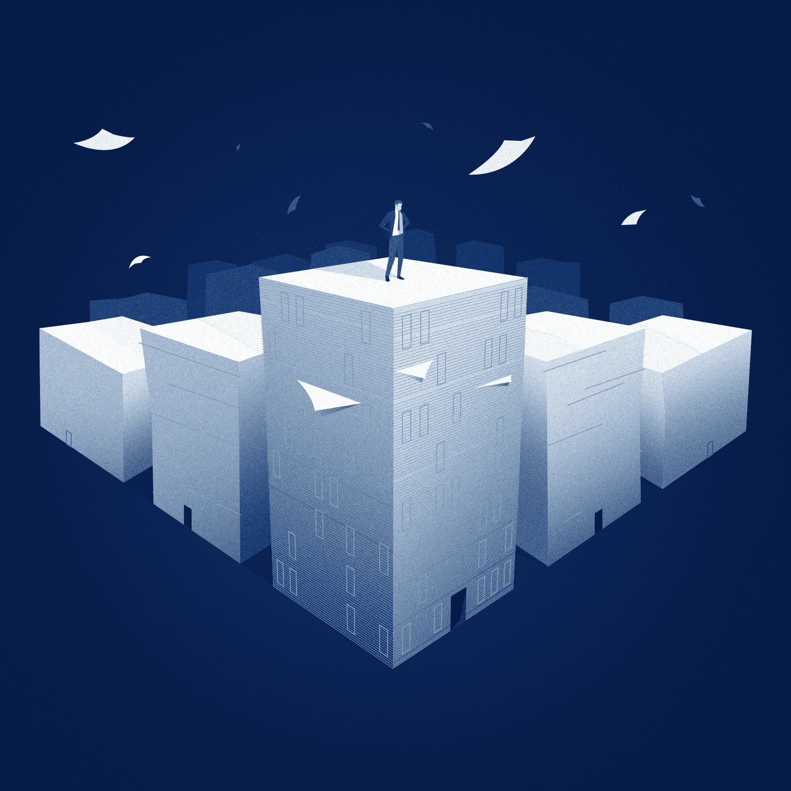 A man in a suit stands atop buildings that look like stacks of paper.