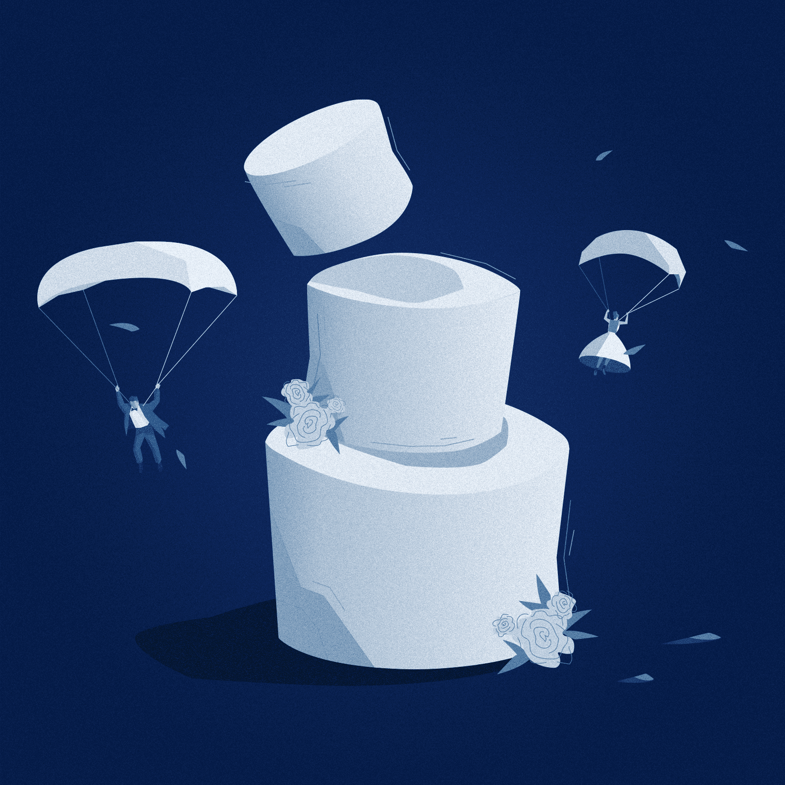 A bride and groom parachute off opposite ends of a toppling giant wedding cake.