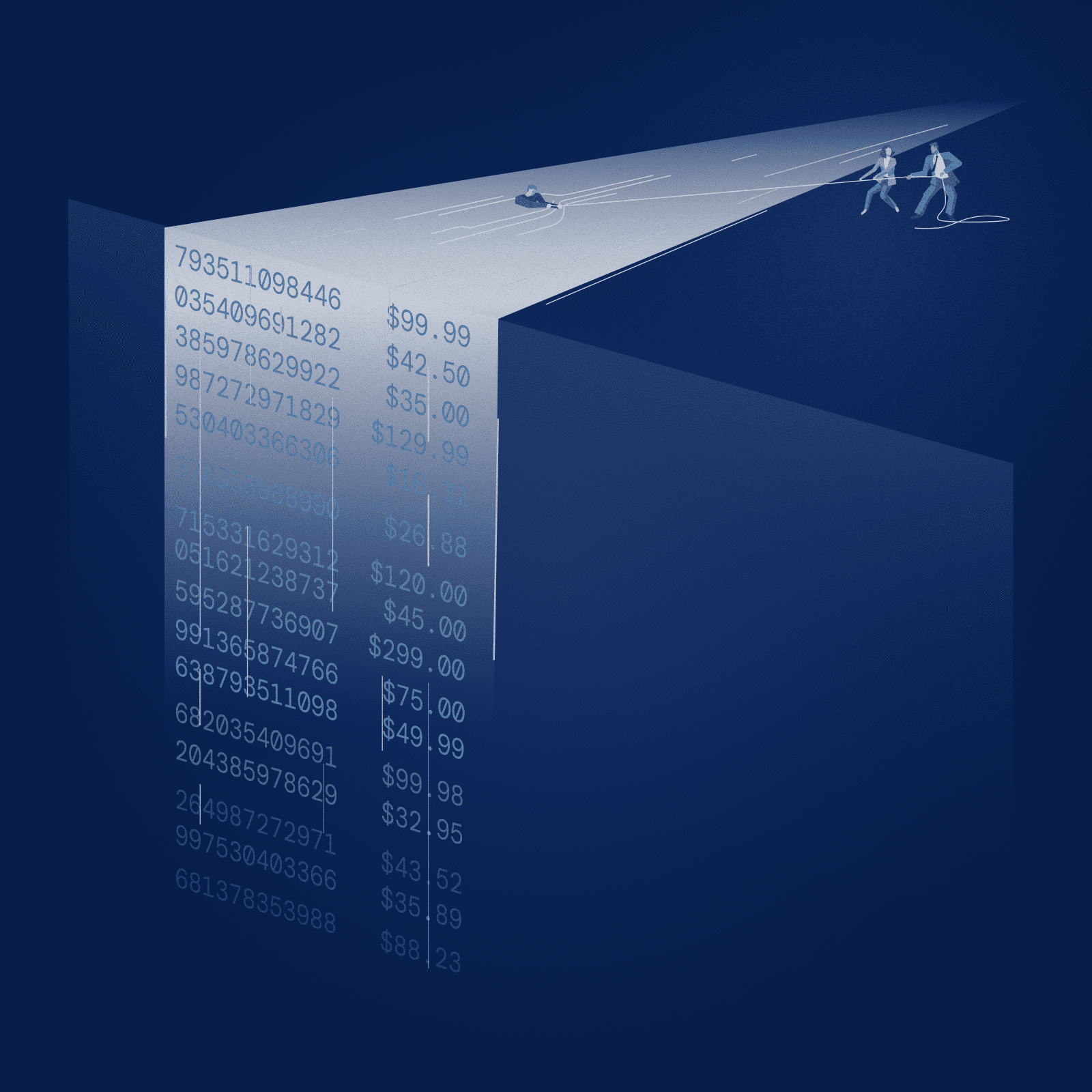 Two attorneys pull a drowning person to safety from a river rushing off of a cliff. The waterfall is composed of hospital bills.