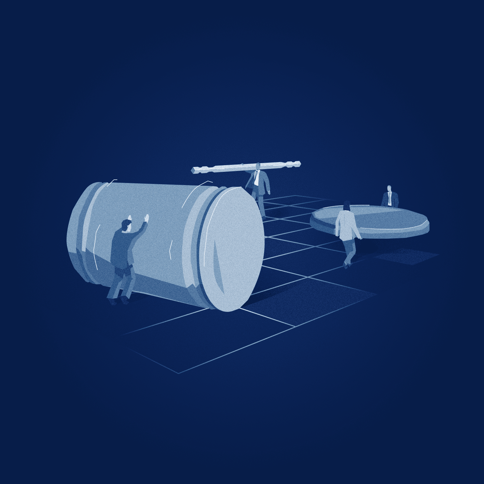 A group of attorneys assemble a giant gavel and base.