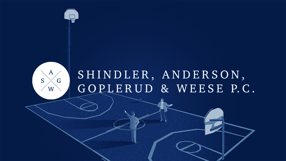 An blue hued illustration of a basketball court with one basket higher than the other. Two attorneys argue about it at center court. The logo of Shindler, Anderson, Goplerud & Weese P.C. hovers overhead.