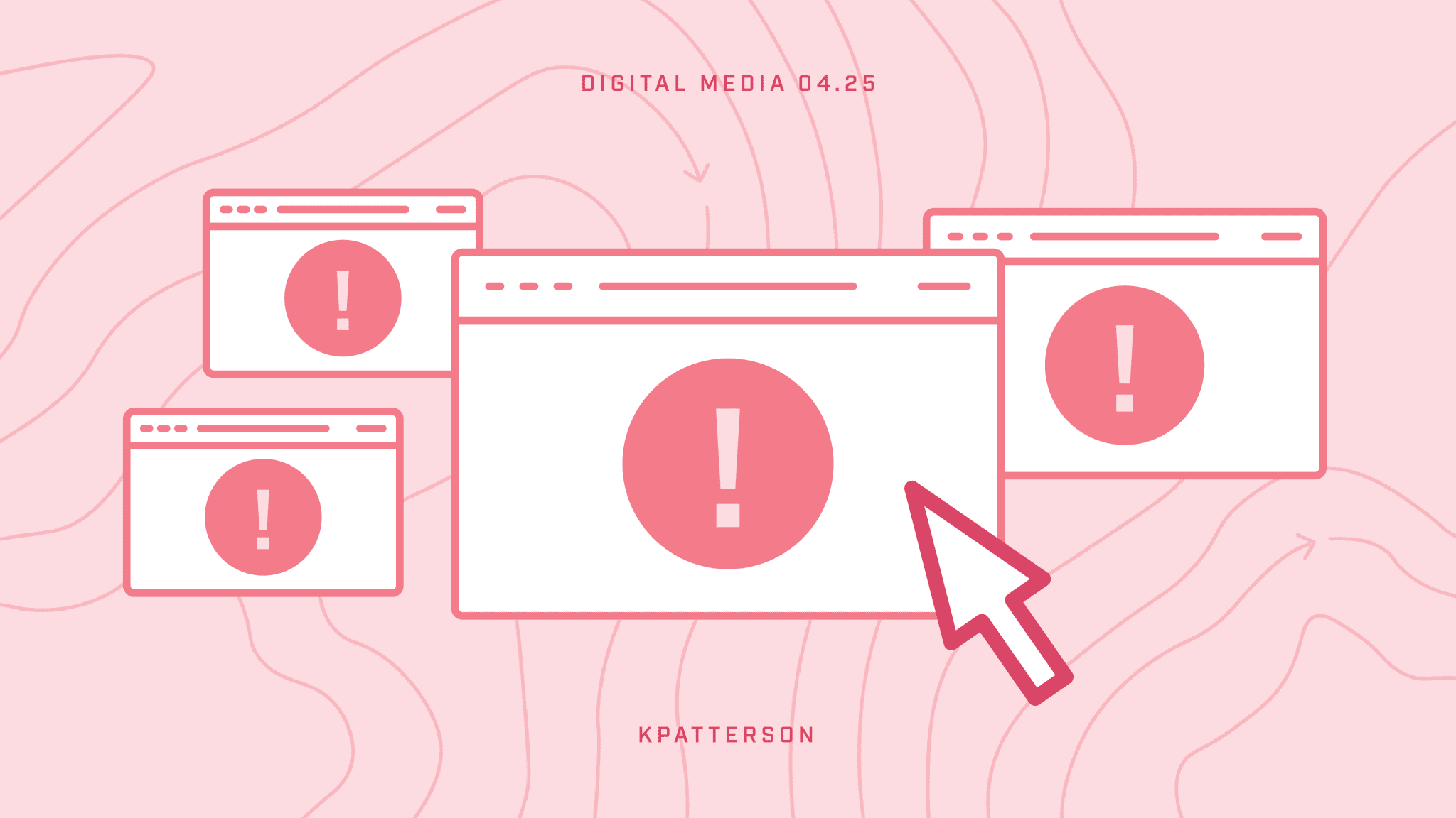 Illustration of web pages with exclamation points in the center and a pointer over the center web page