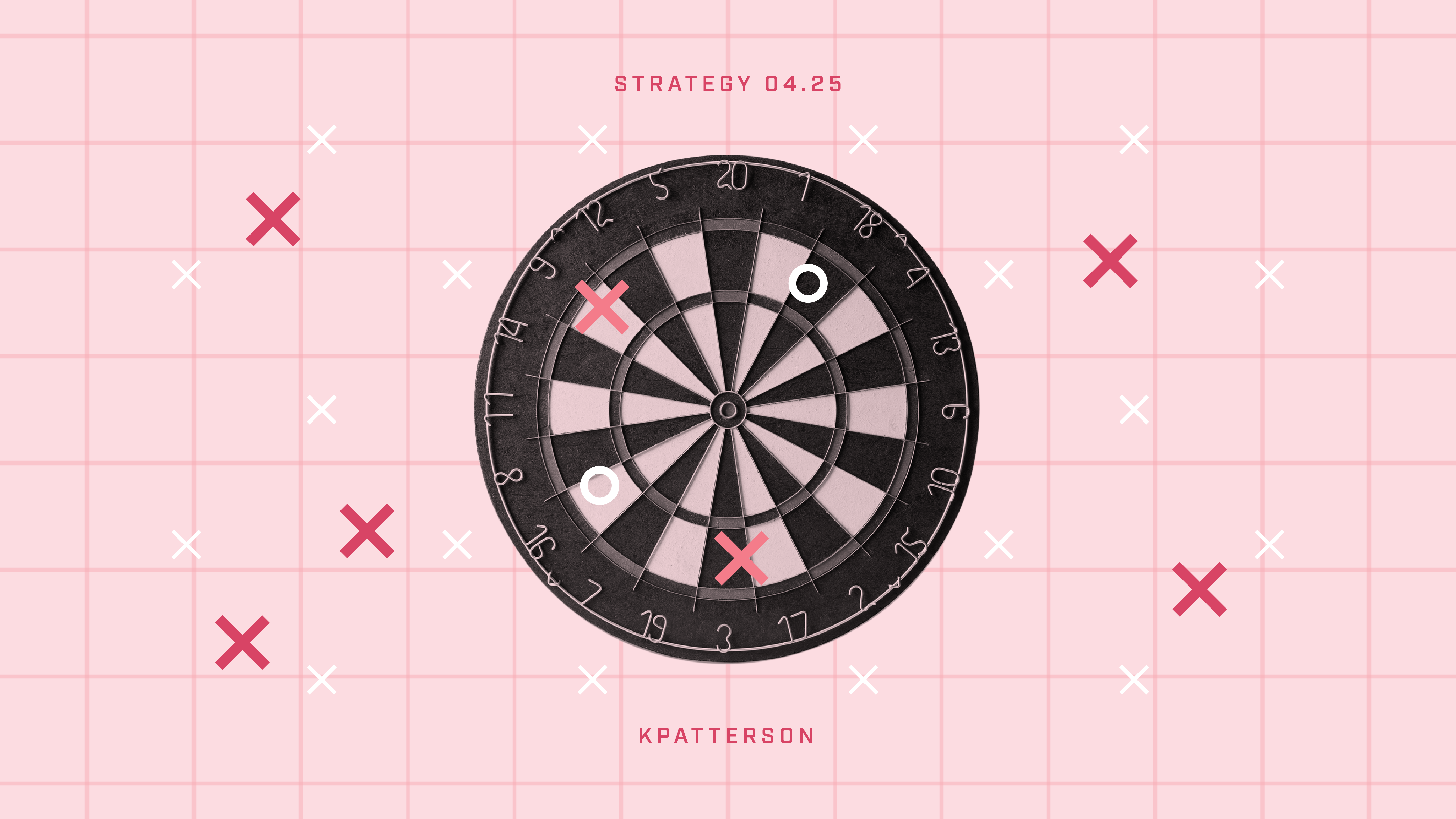 A dartboard on a pink background with X's and O's scattered