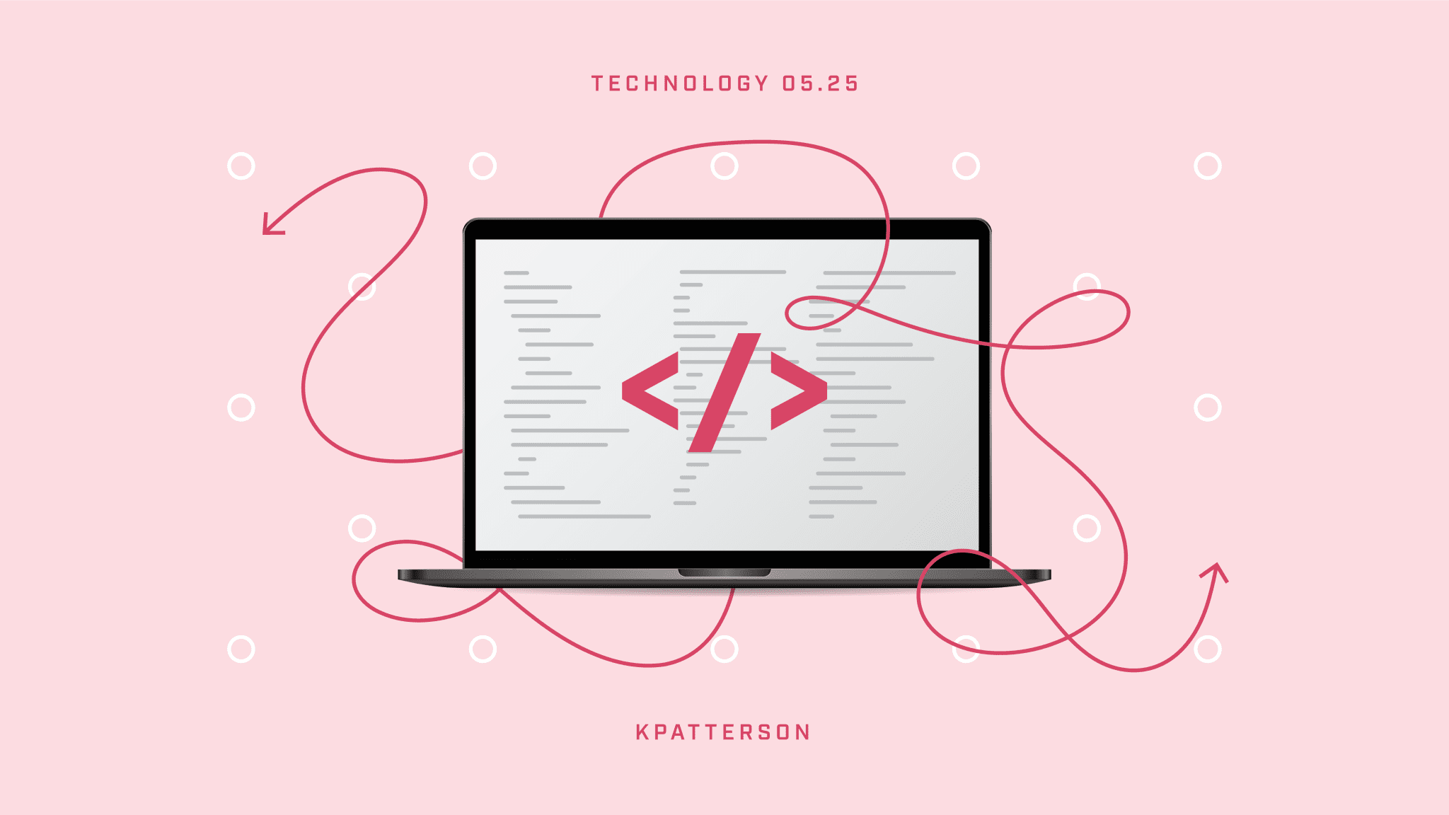 Illustration of a laptop with pink code brackets and squiggly 'spaghetti' lines