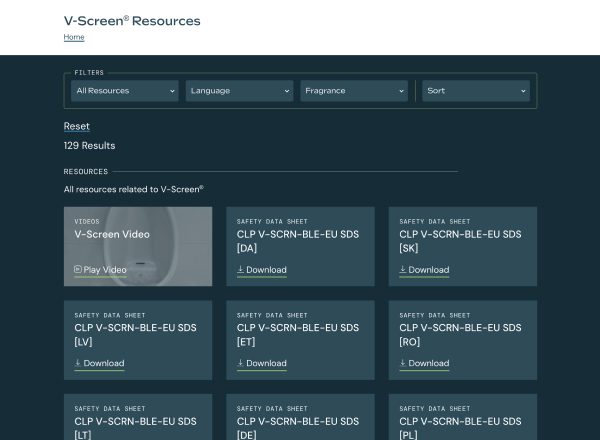 A web interface showing different resources like videos, safety data sheets, and specifications.