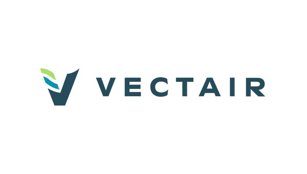 The new Vectair logo. A strong V with a wave cut into it in blue and green, next to the name, Vectair.